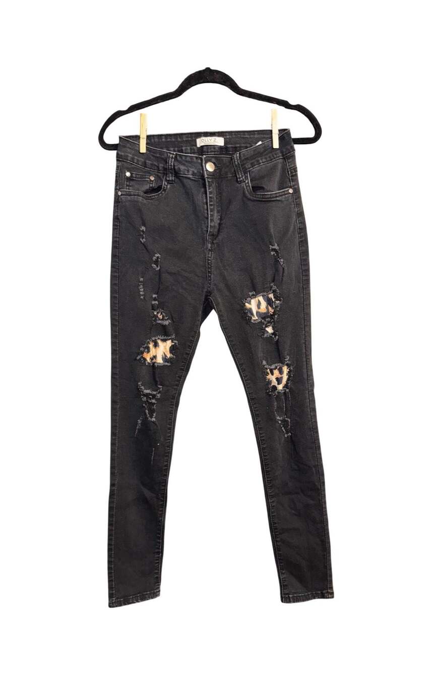 Olly Z. Black Distressed Skinny Jeans with Cheetah Leopard Print Patches Size 7